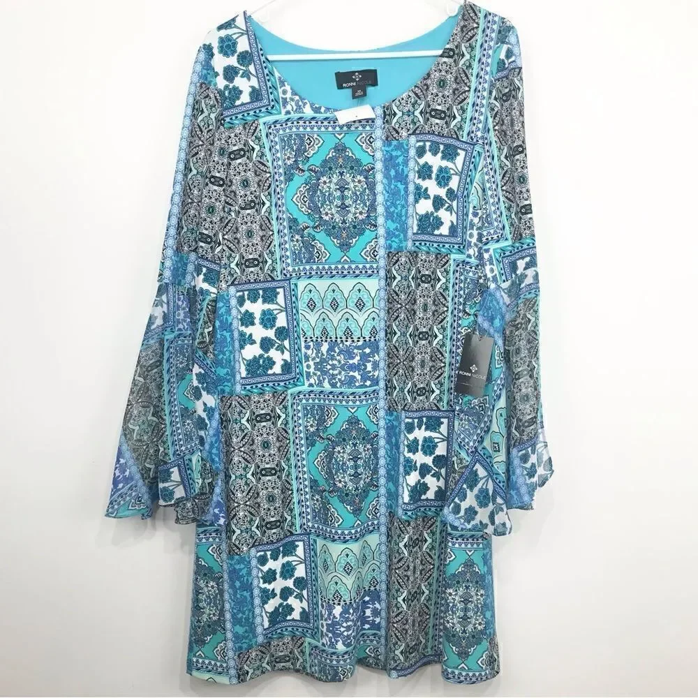 Ronni Nicole Blue Patchwork Floral Tapestry Print Bell Sleeve Sheath Dress